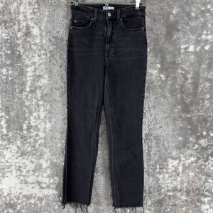 H&M Size 2 Denim Raw Hem Cotton Tapered Jeans Black Button Zip Pockets